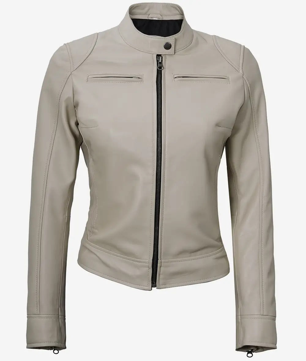 Dodge Beige Cafe Racer Leather Jacket for Women