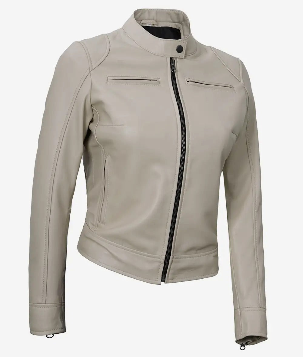 Dodge Beige Cafe Racer Leather Jacket for Women