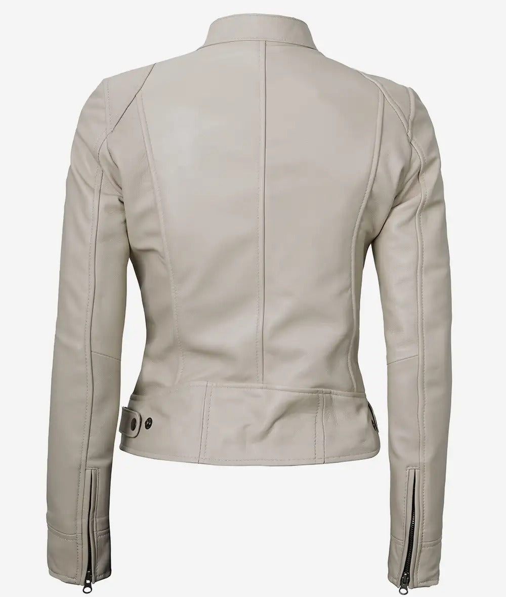 Dodge Beige Cafe Racer Leather Jacket for Women