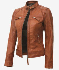 Womens Real Lambskin Leather Tan Quilted Biker Jacket