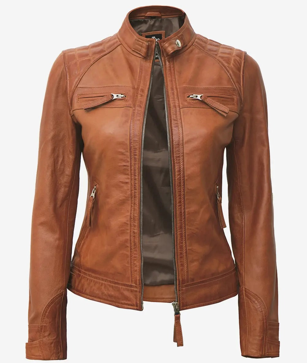 Womens Real Lambskin Leather Tan Quilted Biker Jacket