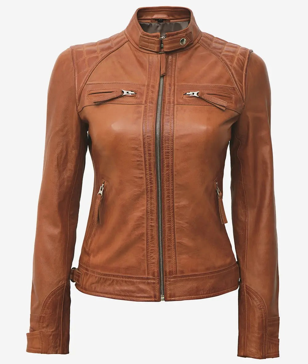 Womens Real Lambskin Leather Tan Quilted Biker Jacket