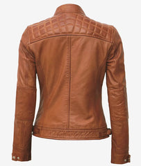 Womens Real Lambskin Leather Tan Quilted Biker Jacket