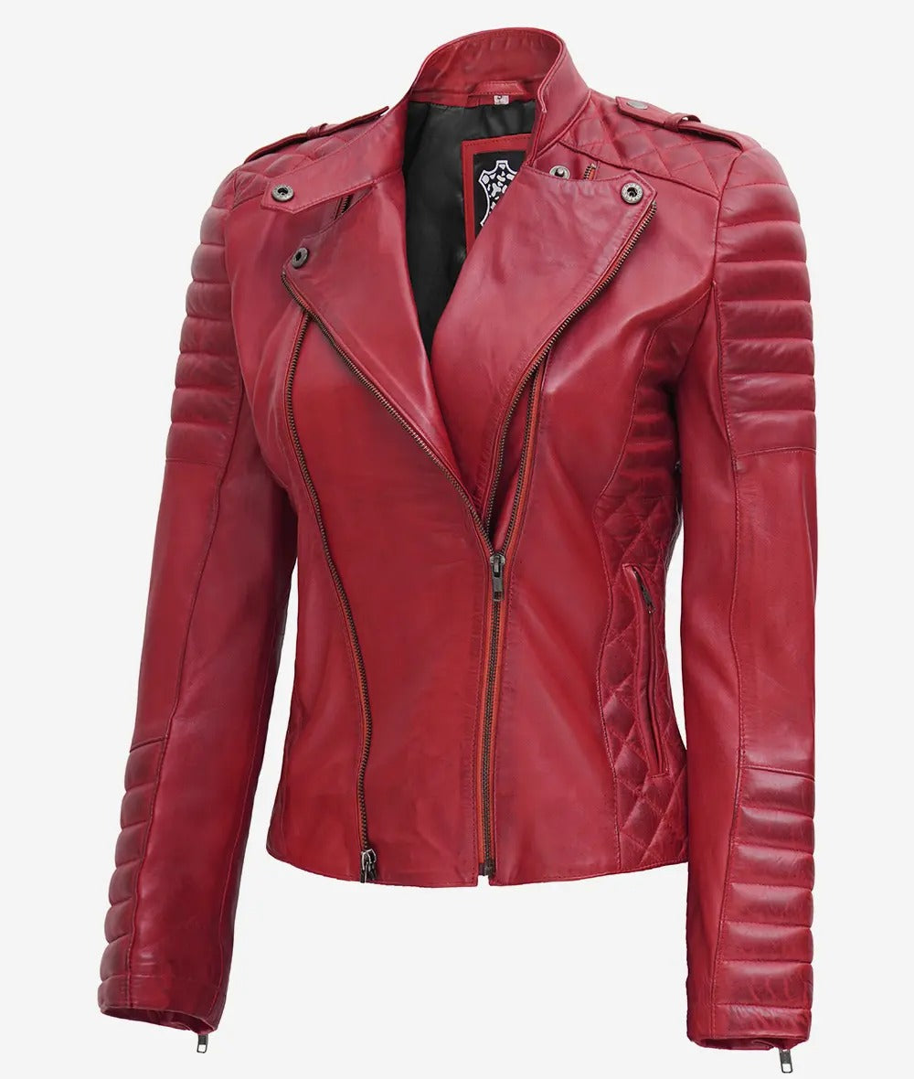 Women's Red Asymmetrical Padded Leather Moto Jacket