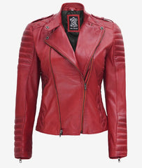 Women's Red Asymmetrical Padded Leather Moto Jacket