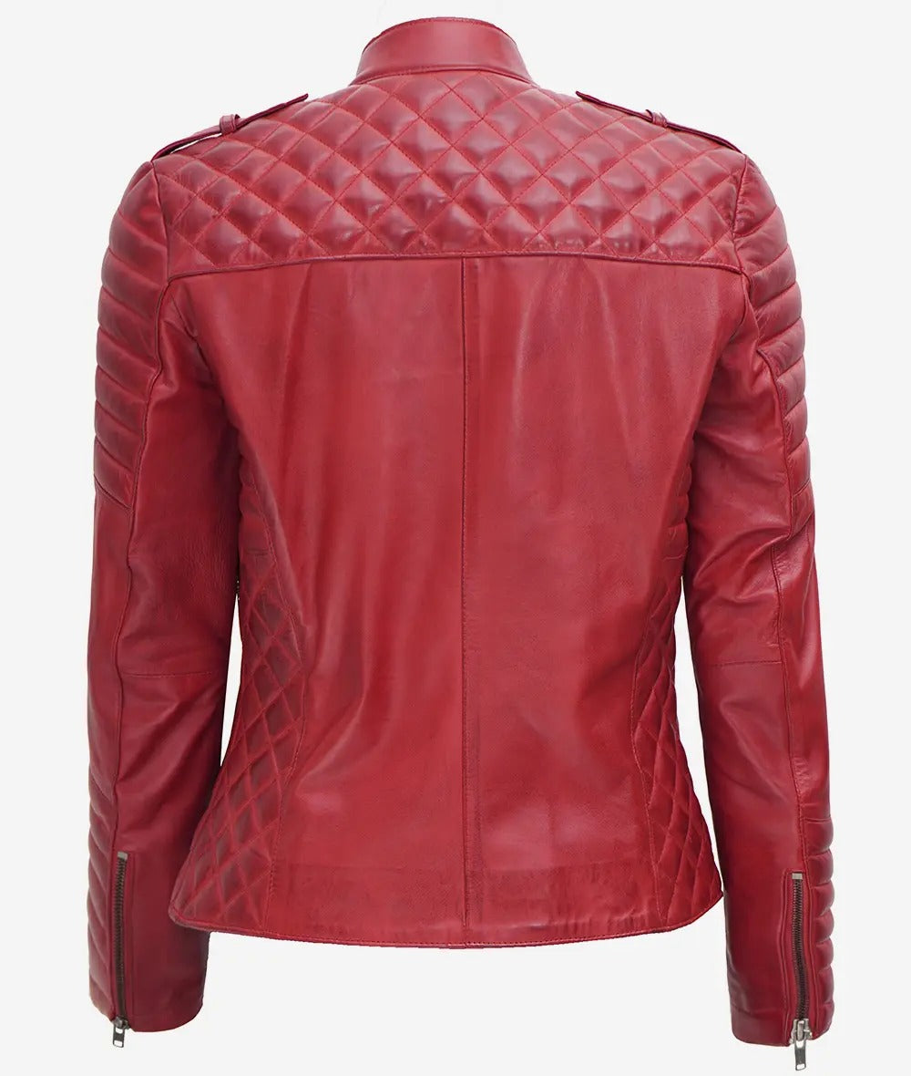 Women's Red Asymmetrical Padded Leather Moto Jacket