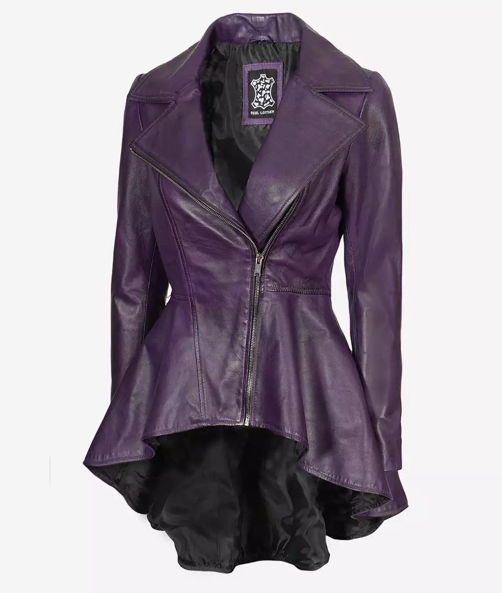 Womens Asymmetrical Purple Leather Peplum Jacket