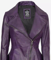 Womens Asymmetrical Purple Leather Peplum Jacket