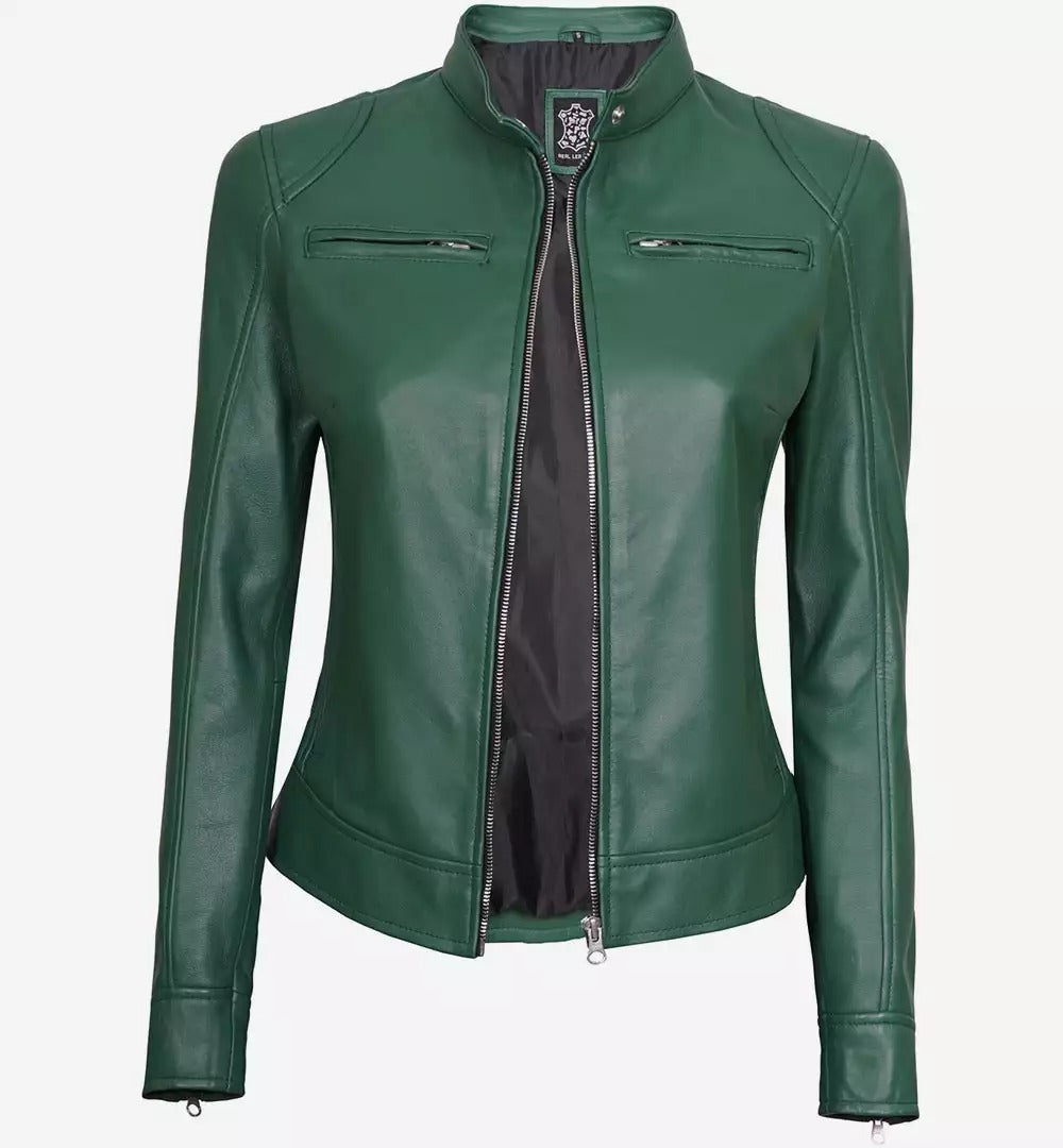 Dodge Green Cafe Racer Leather Jacket for Women