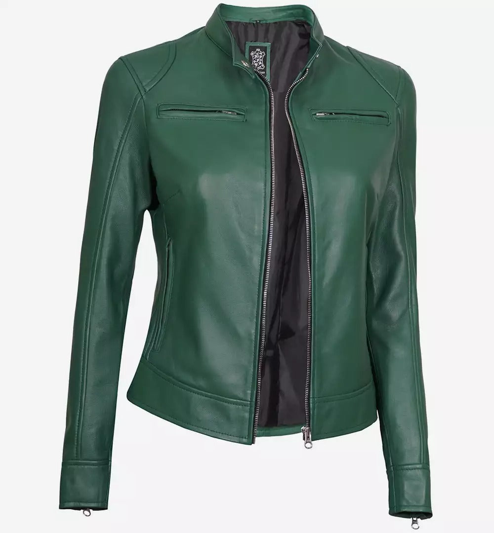 Dodge Green Cafe Racer Leather Jacket for Women