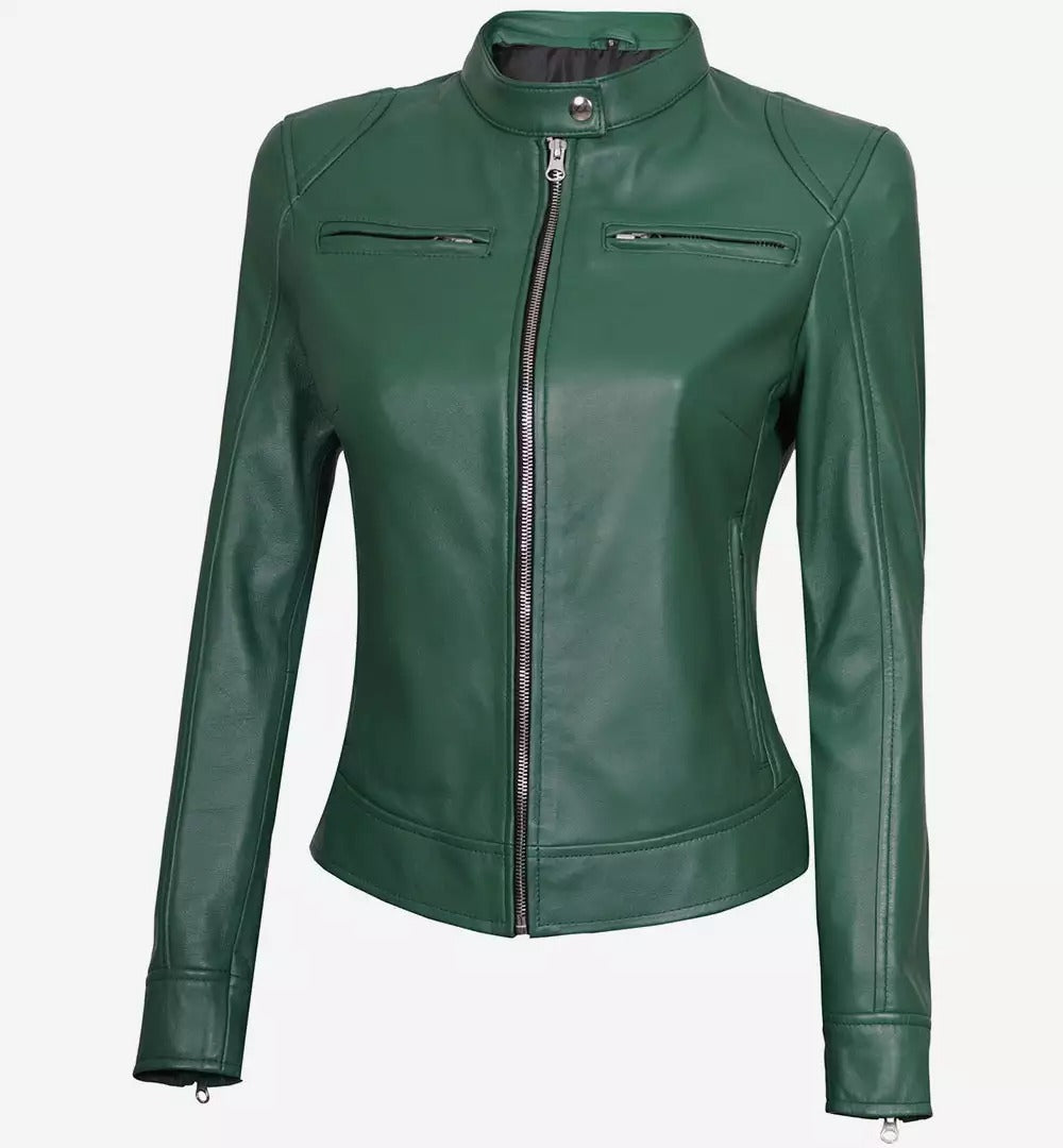 Dodge Green Cafe Racer Leather Jacket for Women