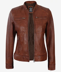 Women's Cognac Waxed Real Leather Moto Jacket