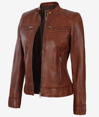 Women's Cognac Waxed Real Leather Moto Jacket