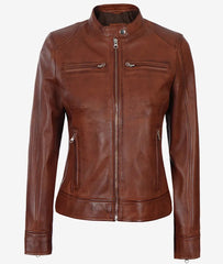 Women's Cognac Waxed Real Leather Moto Jacket