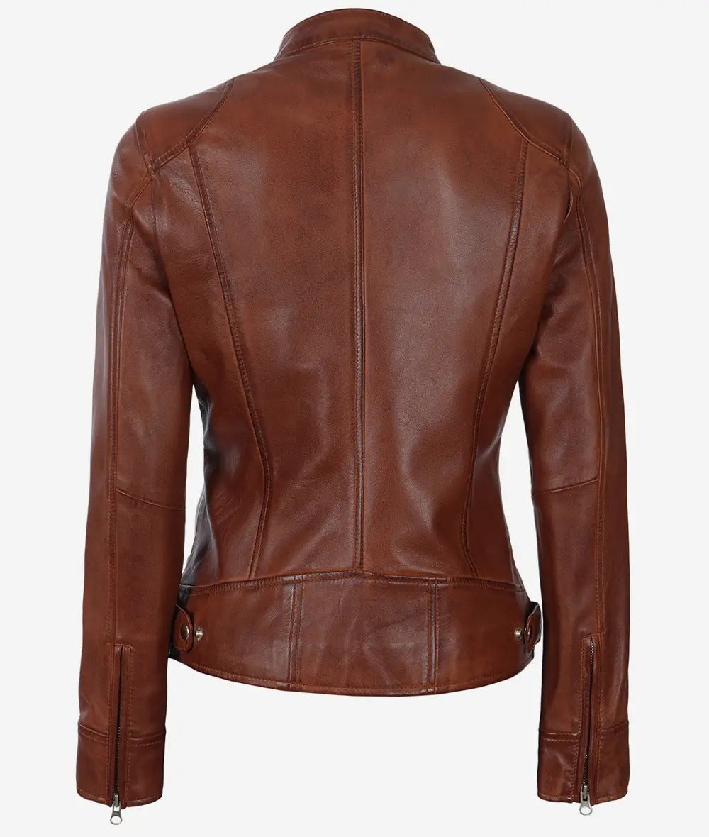 Women's Cognac Waxed Real Leather Moto Jacket