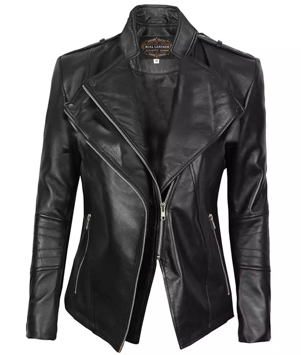 Monica Womens Black Leather Moto Jacket Asymmetrical Fitted Style