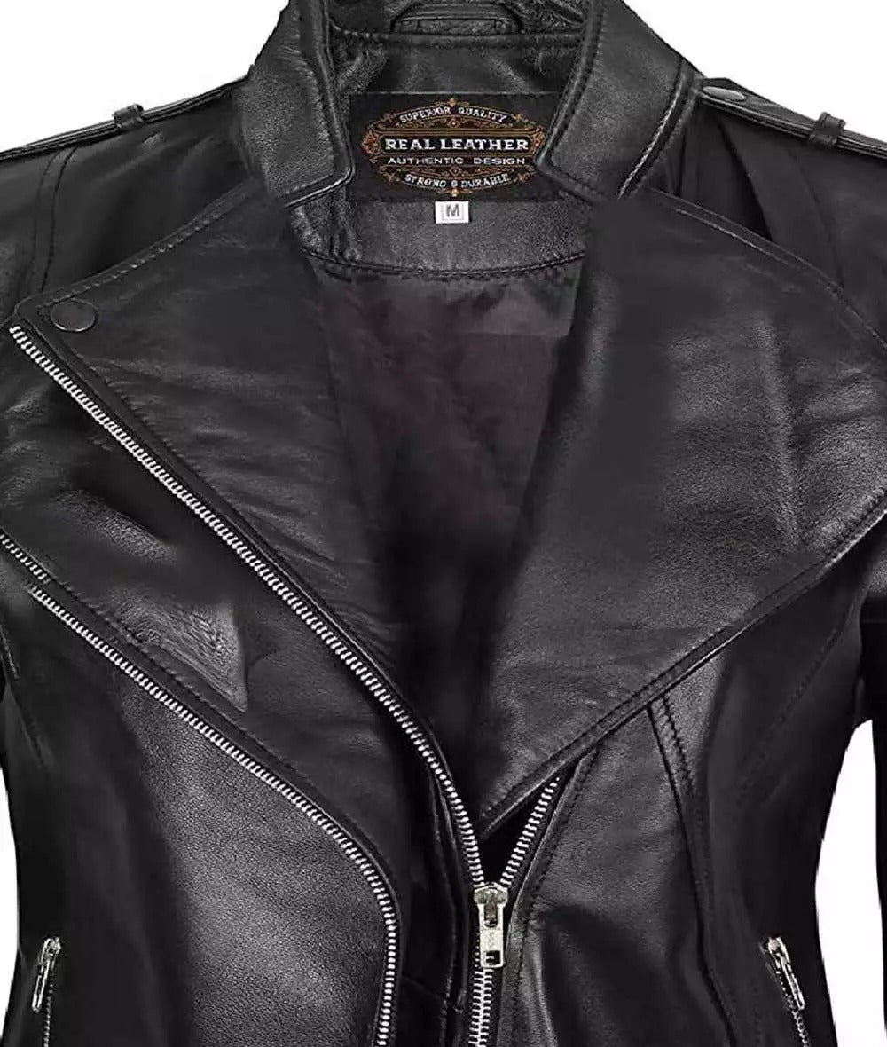 Monica Womens Black Leather Moto Jacket Asymmetrical Fitted Style