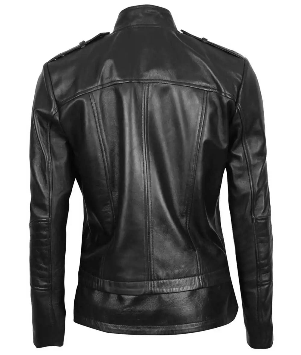 Monica Womens Black Leather Moto Jacket Asymmetrical Fitted Style