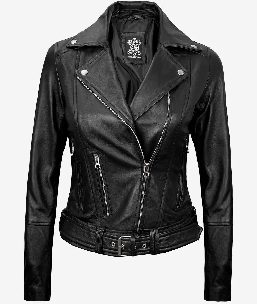 Womens Asymmetrical Black Leather Belted Moto Jacket