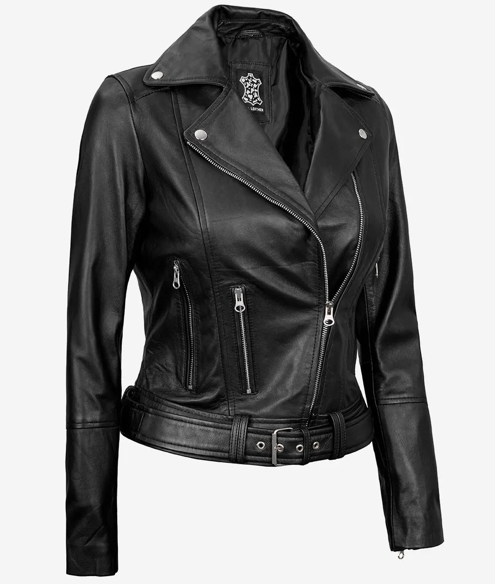 Womens Asymmetrical Black Leather Belted Moto Jacket