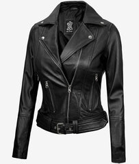 Womens Asymmetrical Black Leather Belted Moto Jacket