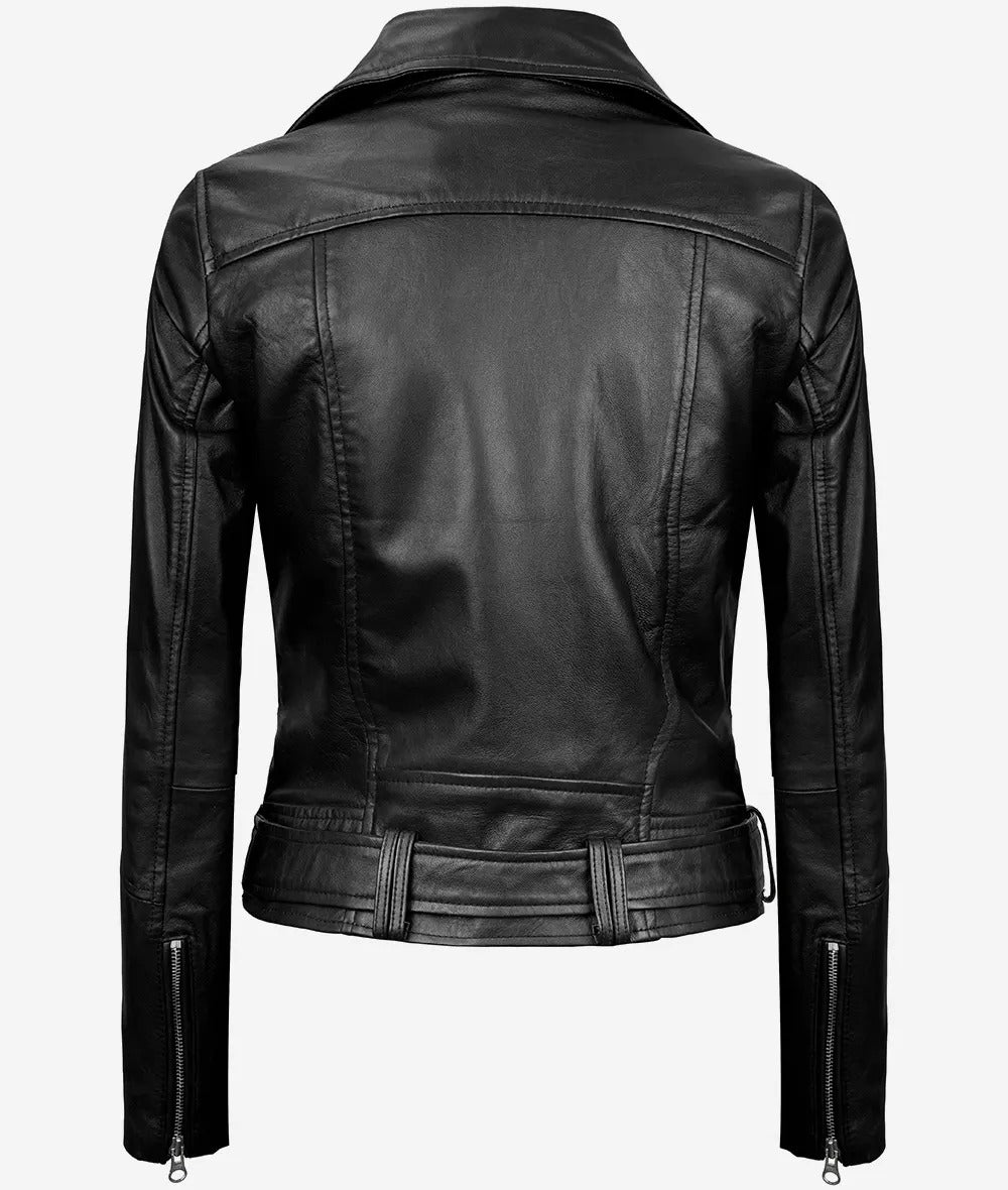 Womens Asymmetrical Black Leather Belted Moto Jacket