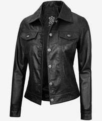 Women's Black Lambskin Leather Four-Pocket Trucker Jacket