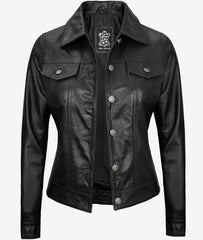 Women's Black Lambskin Leather Four-Pocket Trucker Jacket