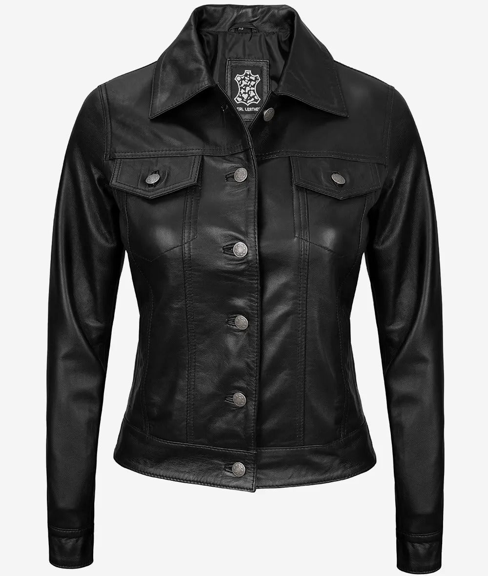 Women's Black Lambskin Leather Four-Pocket Trucker Jacket