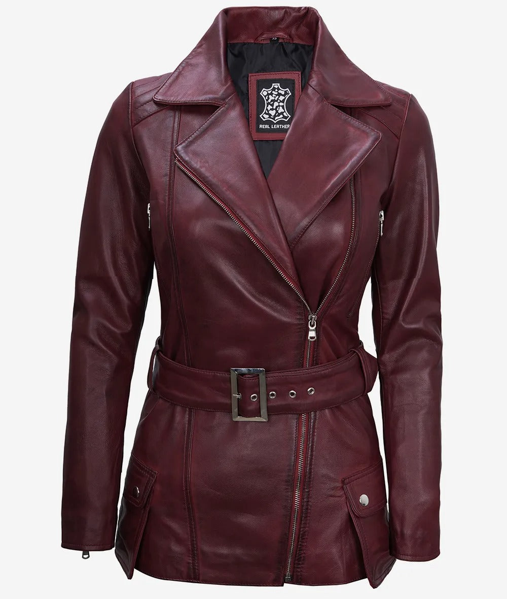 Women's Asymmetrical Maroon Belted Moto Jacket