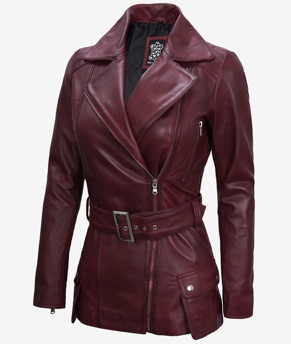 Women's Asymmetrical Maroon Belted Moto Jacket