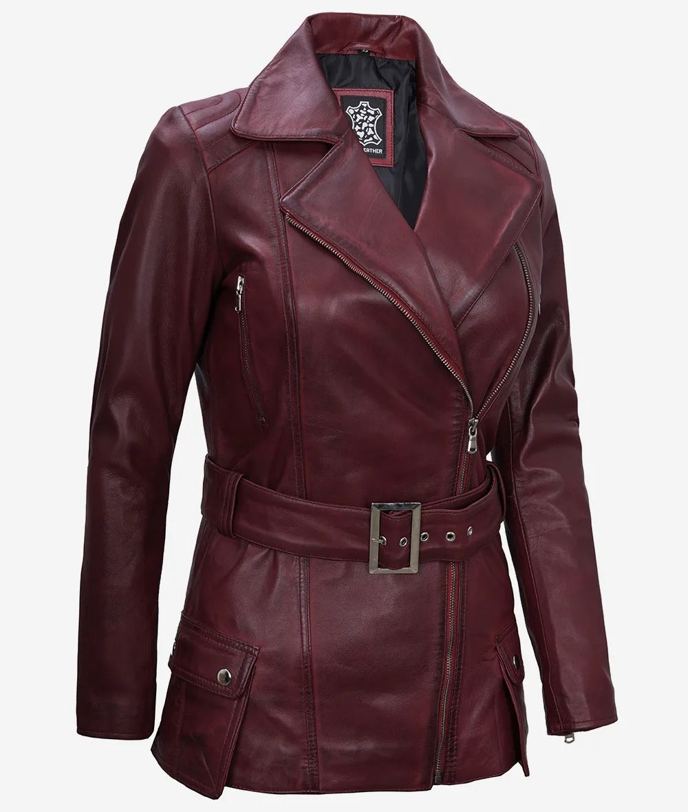 Women's Asymmetrical Maroon Belted Moto Jacket