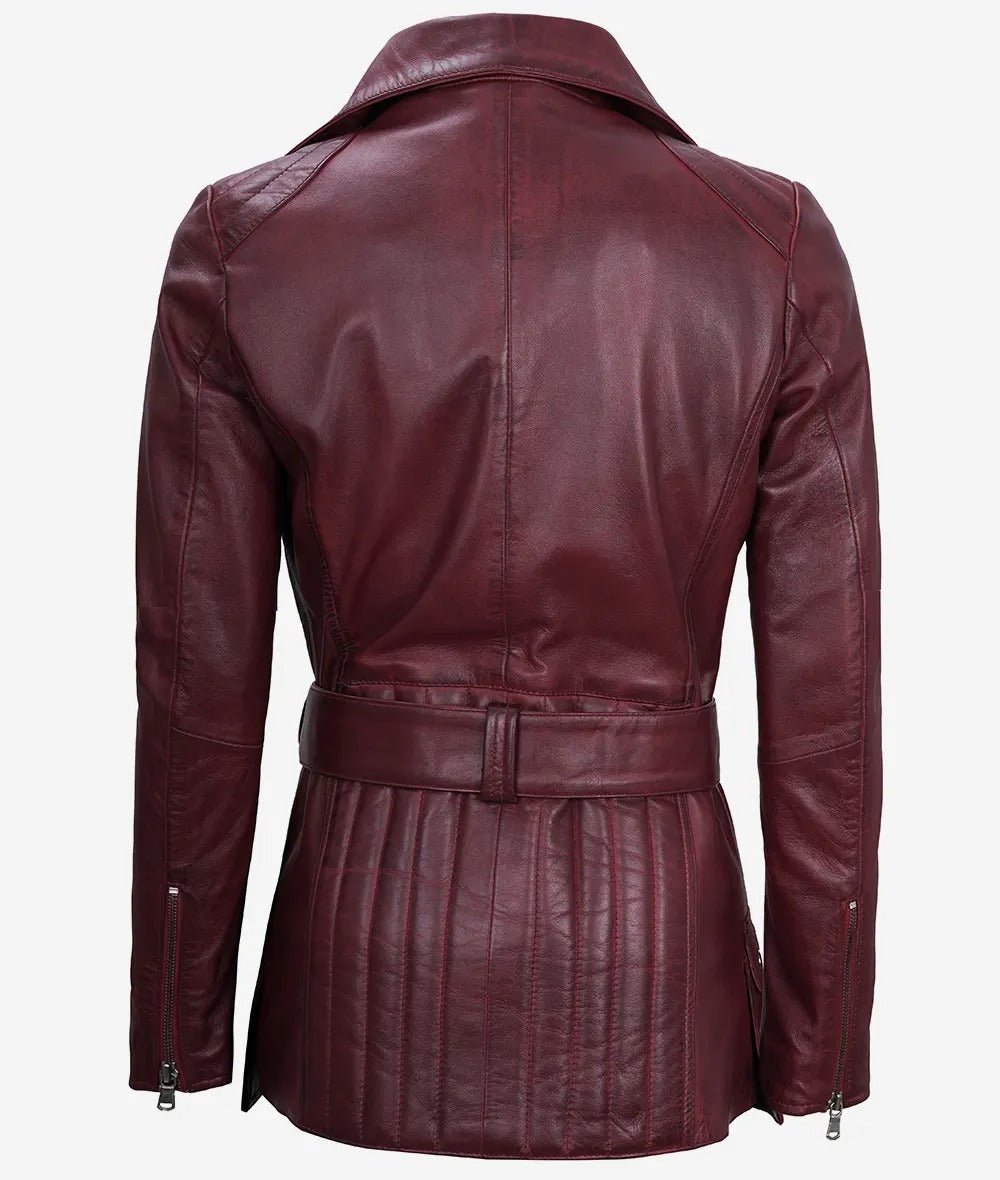 Women's Asymmetrical Maroon Belted Moto Jacket