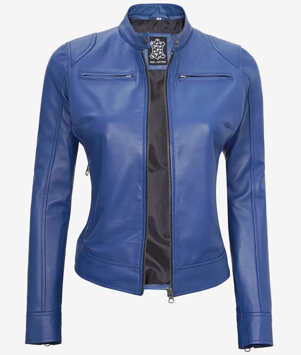 Women's Blue Biker Leather Jacket