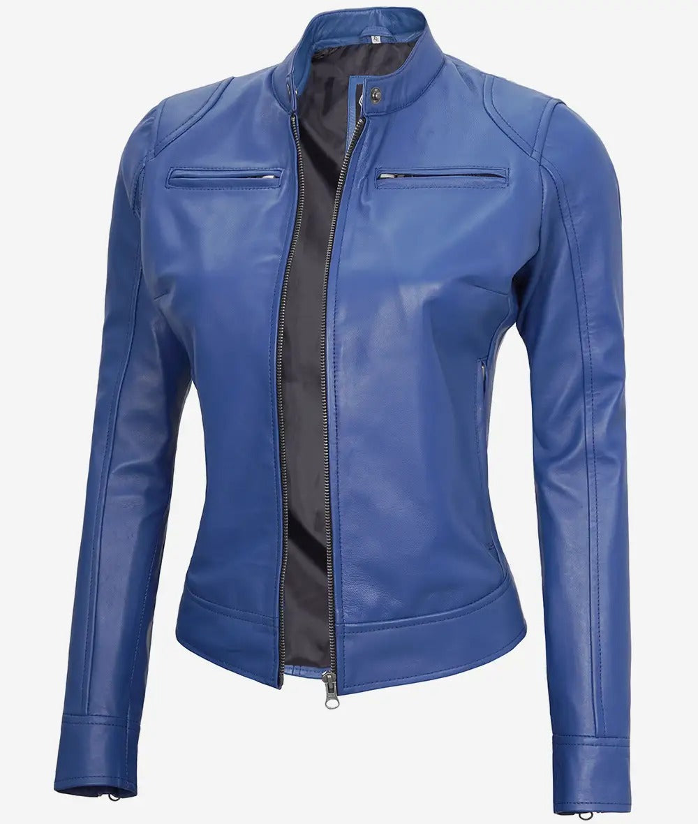 Women's Blue Biker Leather Jacket