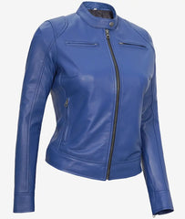 Women's Blue Biker Leather Jacket