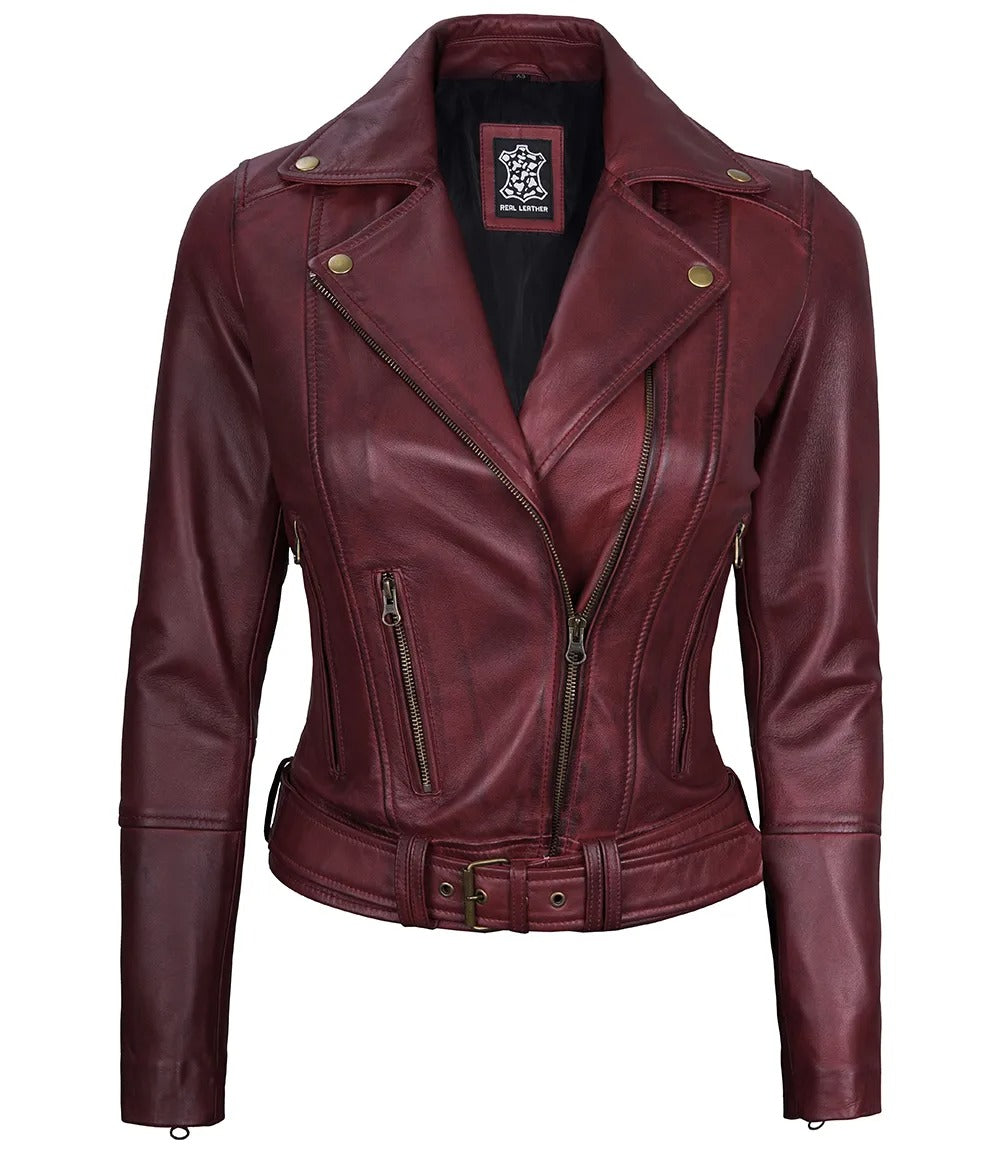 Elisa Womens Maroon Leather Asymmetrical Motorcycle Jacket