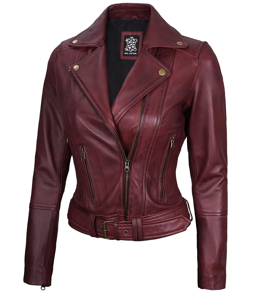 Elisa Womens Maroon Leather Asymmetrical Motorcycle Jacket