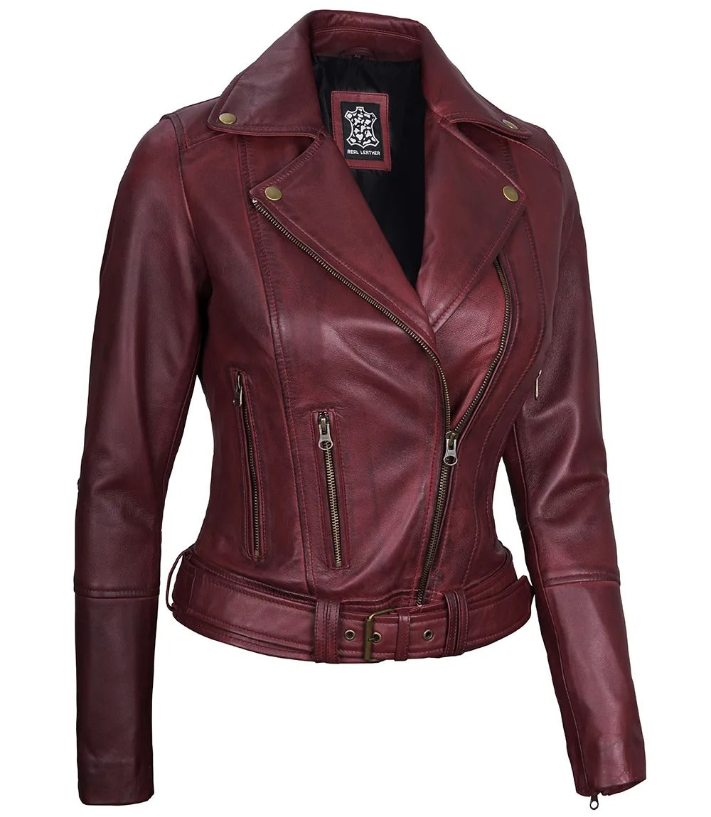 Elisa Womens Maroon Leather Asymmetrical Motorcycle Jacket