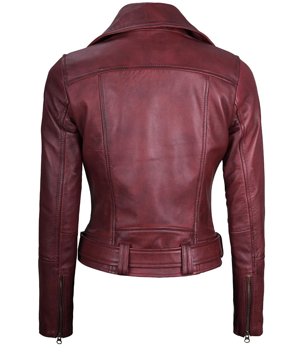 Elisa Womens Maroon Leather Asymmetrical Motorcycle Jacket