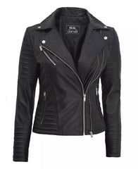 Womens Finest leather Black Asymmetrical Biker Jacket - (Few Left)