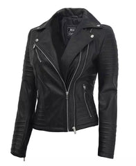 Womens Finest leather Black Asymmetrical Biker Jacket - (Few Left)