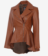 Womens Asymmetrical Cognac Peplum Leather Jacket