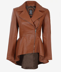 Womens Asymmetrical Cognac Peplum Leather Jacket