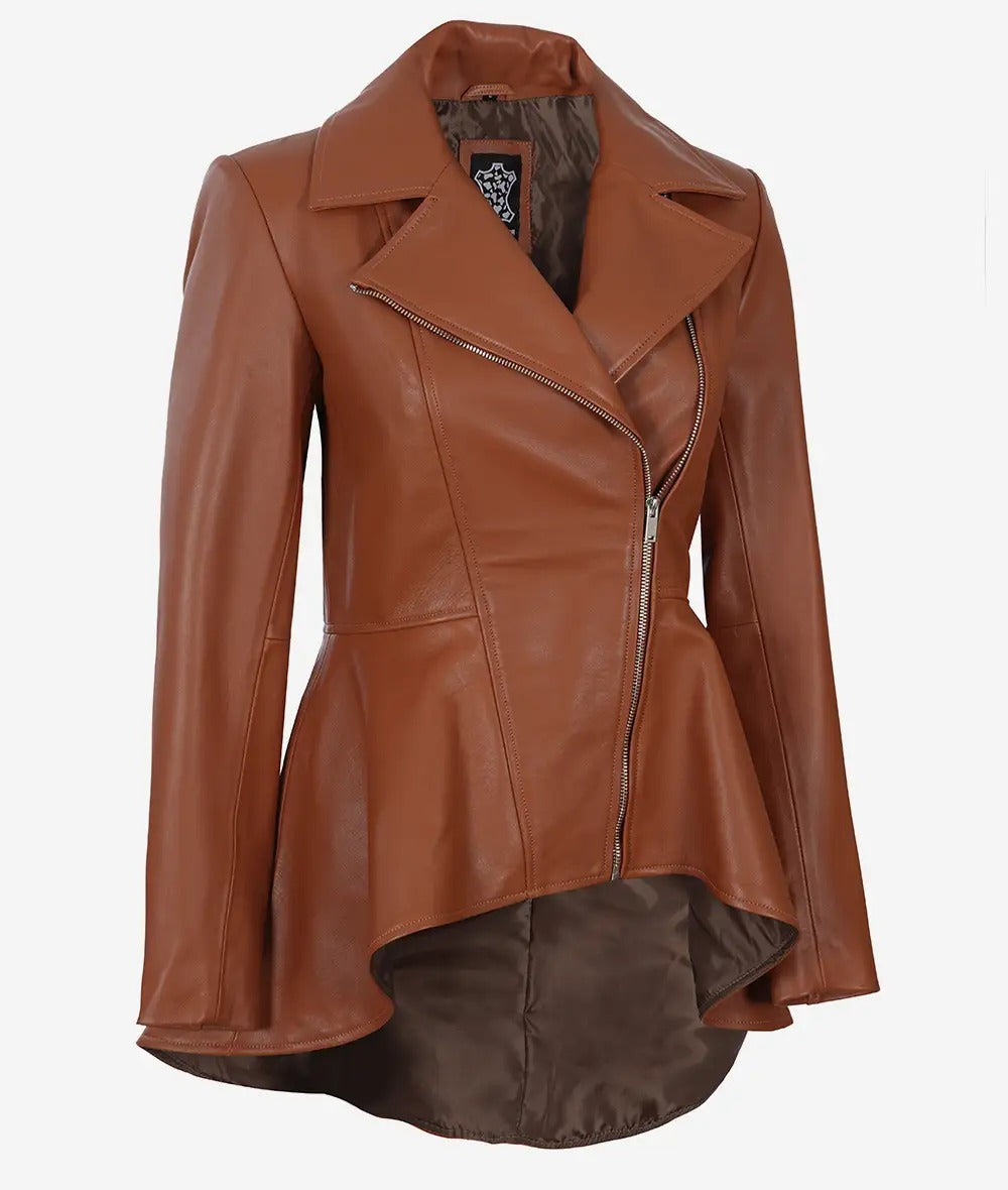 Womens Asymmetrical Cognac Peplum Leather Jacket