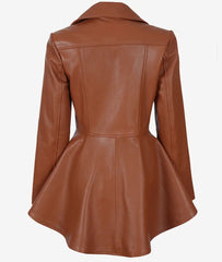 Womens Asymmetrical Cognac Peplum Leather Jacket