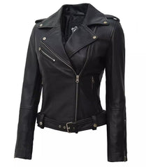 Margaret Womens Asymmetrical Black Biker Leather Jacket With Belt