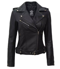 Margaret Womens Asymmetrical Black Biker Leather Jacket With Belt