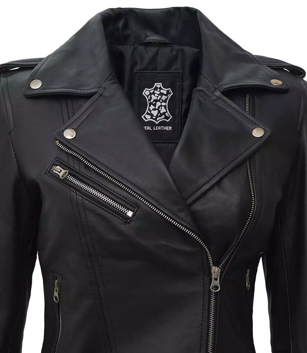 Margaret Womens Asymmetrical Black Biker Leather Jacket With Belt