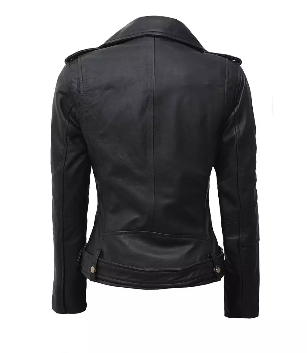 Margaret Womens Asymmetrical Black Biker Leather Jacket With Belt